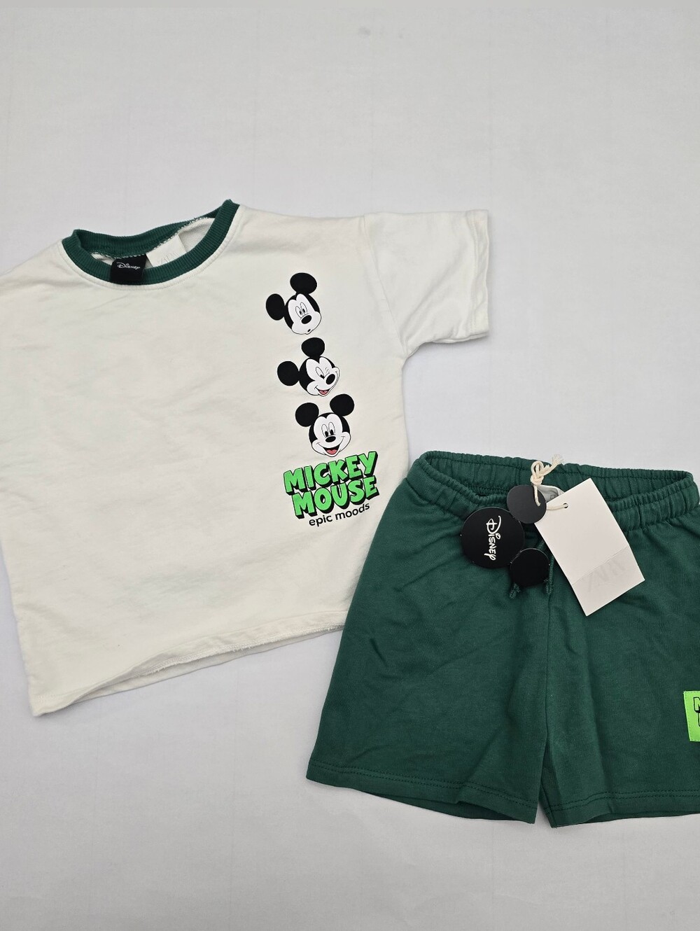 Zara DISNEY White Tee & Dark Green Shorts Mickey Graphic Set